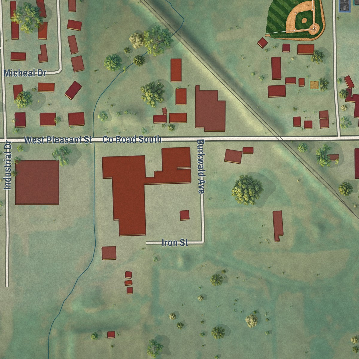 Second close-up of the map of Iron Ridge, Wisconsin print showing more streets and buildings