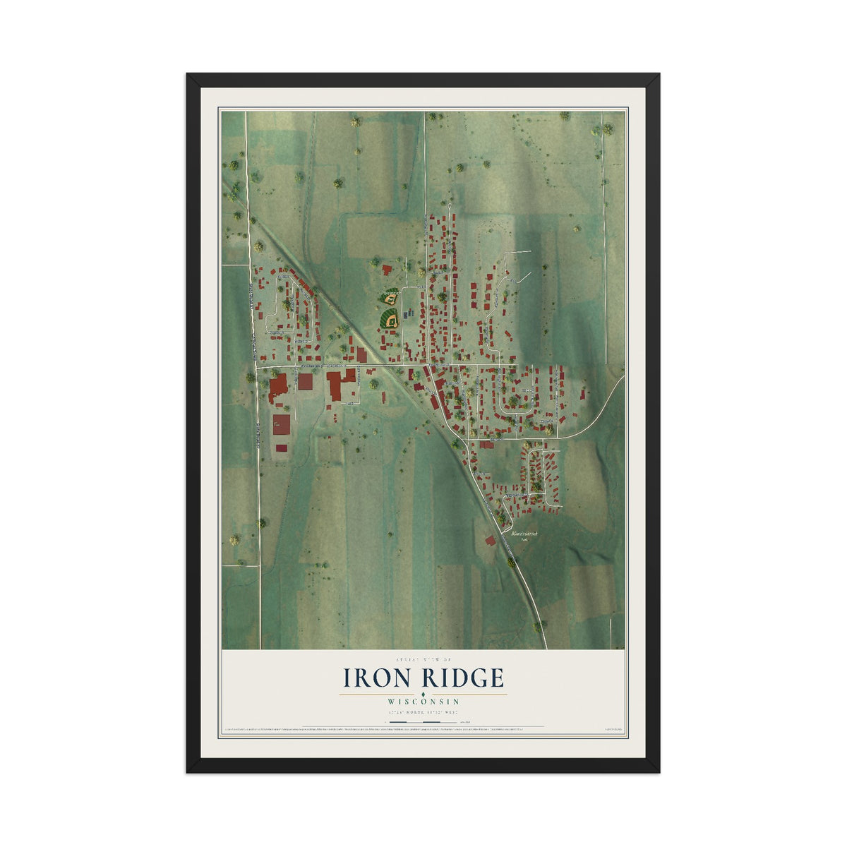 Map of Iron Ridge, Wisconsin, 12 x 18 inch print in a black wood frame