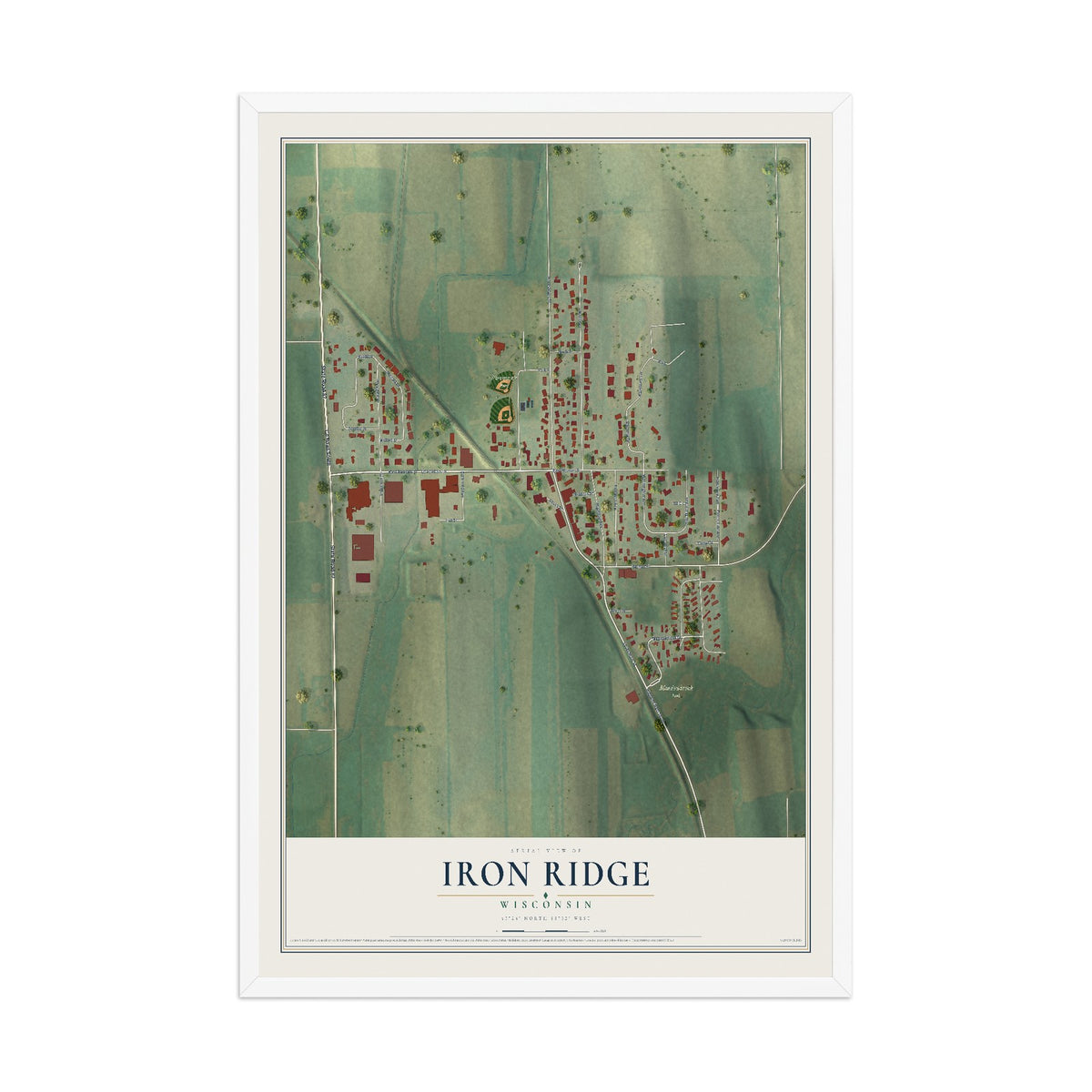 Map of Iron Ridge, Wisconsin, 12 x 18 inch print in a white wood frame