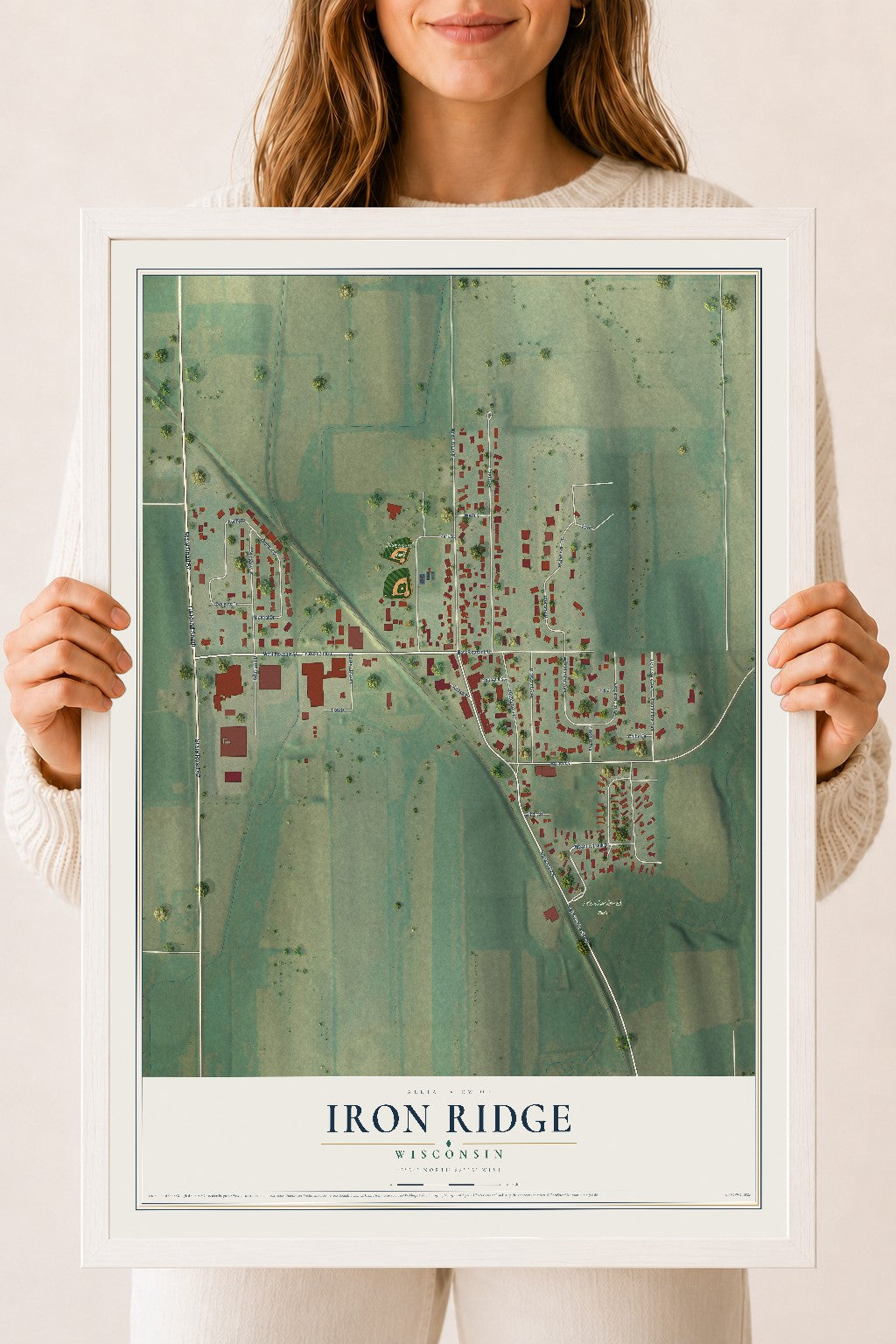 Map of Iron Ridge, Wisconsin, 18 x 24 inch print in a white wood frame
