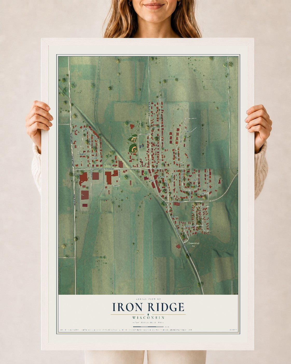 Map of Iron Ridge, Wisconsin, 24 x 36 inch print in a white wood frame