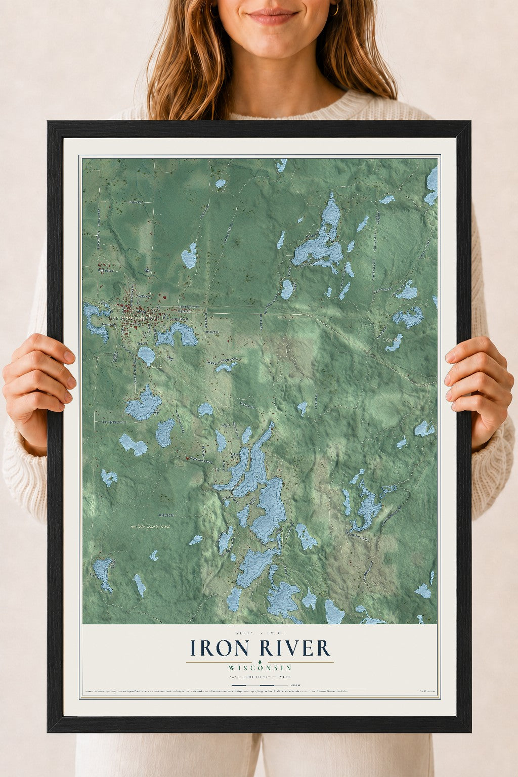 Map of Iron River, Wisconsin, 18 x 24 inch print in a black wood frame