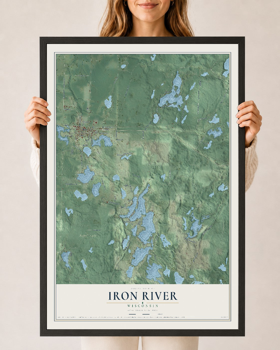Map of Iron River, Wisconsin, 24 x 36 inch print in a black wood frame