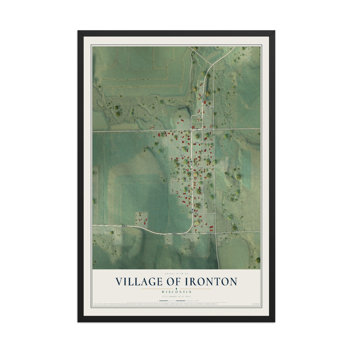 Map of Ironton, Wisconsin, 12 x 18 inch print in a black wood frame