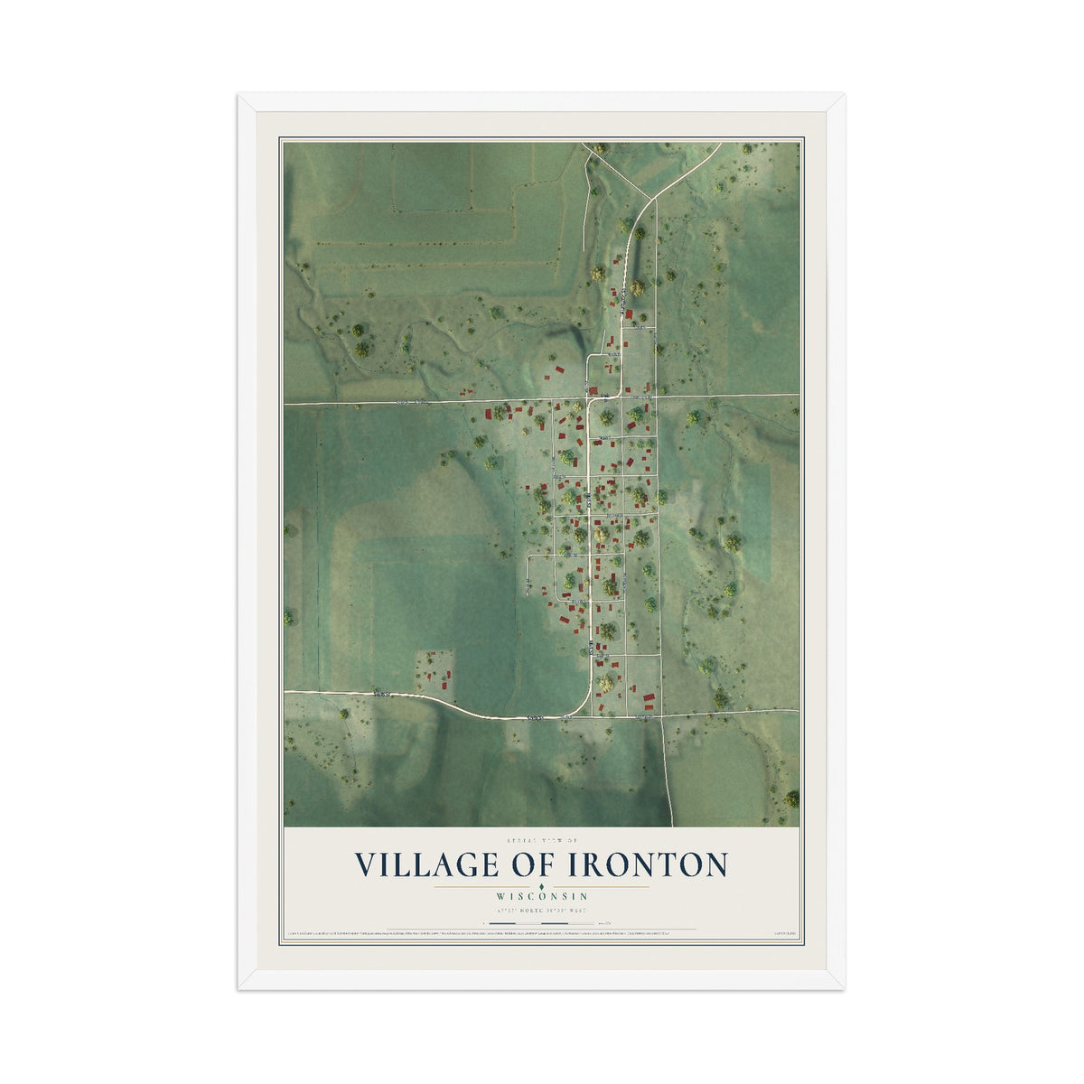 Map of Ironton, Wisconsin, 12 x 18 inch print in a white wood frame
