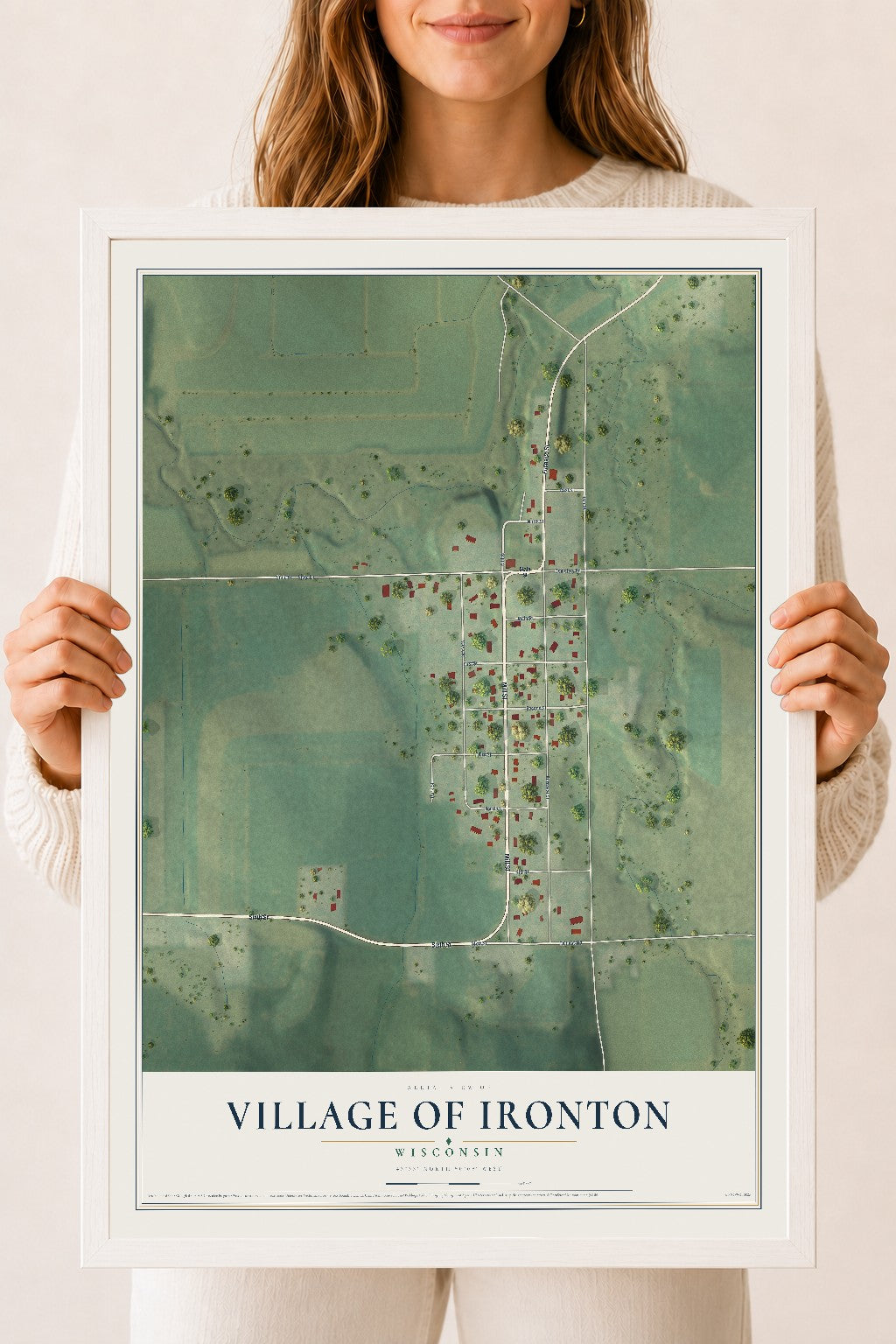 Map of Ironton, Wisconsin, 18 x 24 inch print in a white wood frame