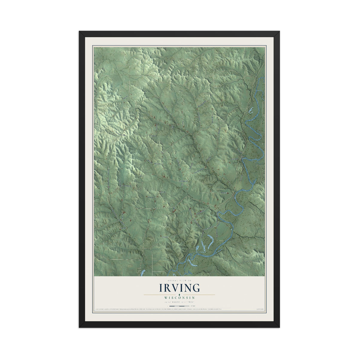 Map of Irving, Wisconsin, 12 x 18 inch print in a black wood frame