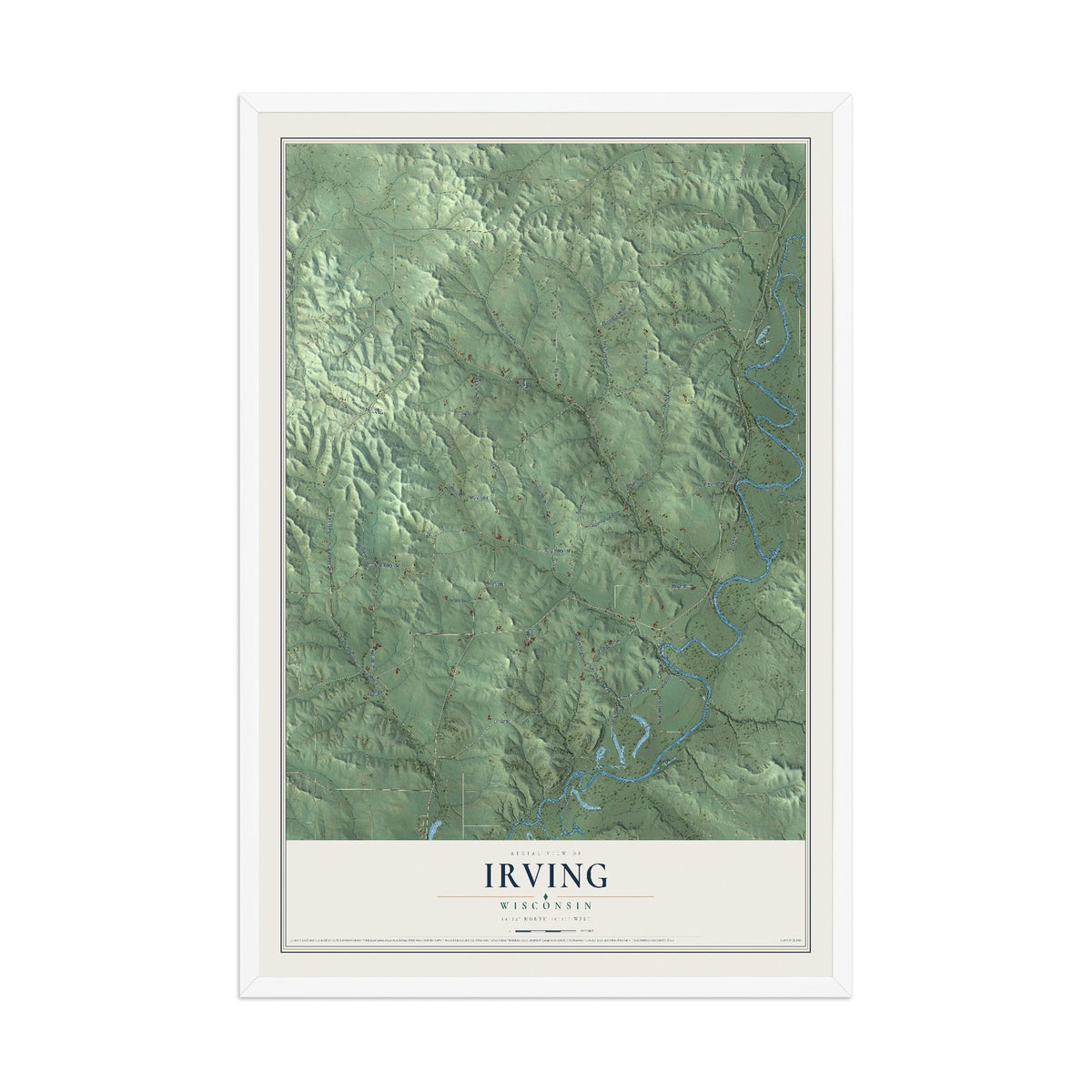 Map of Irving, Wisconsin, 12 x 18 inch print in a white wood frame