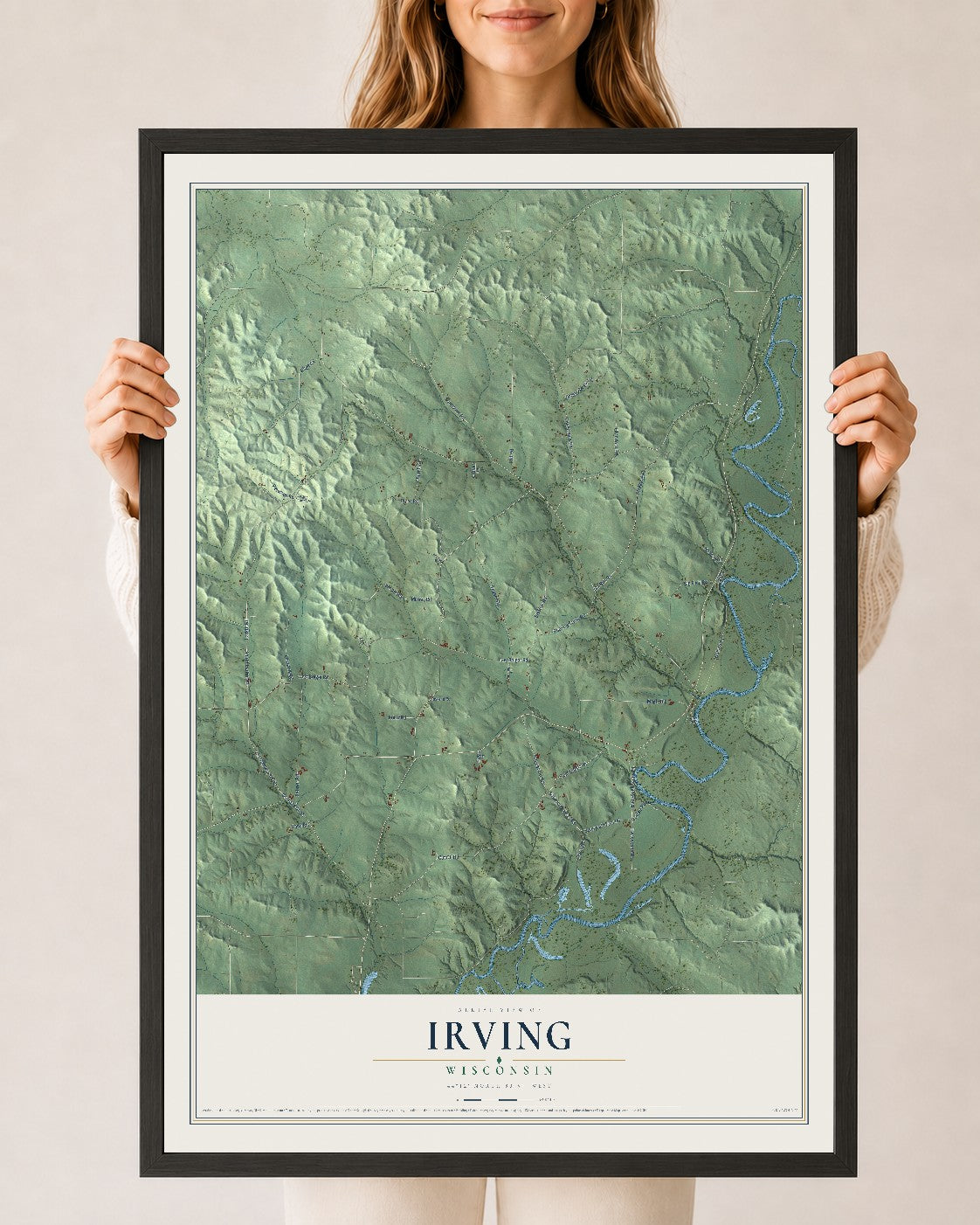 Map of Irving, Wisconsin, 24 x 36 inch print in a black wood frame