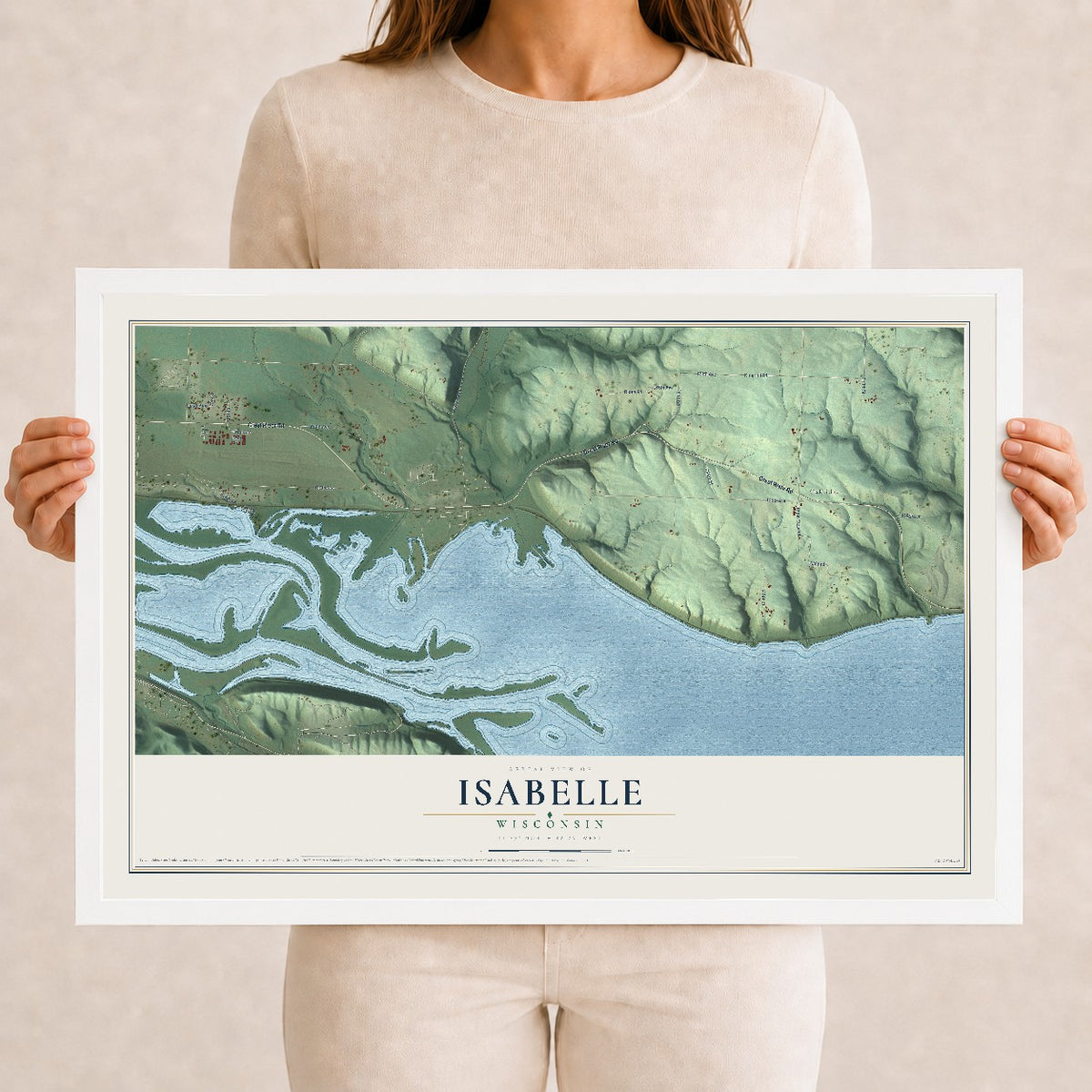 Map of Isabelle, Wisconsin, 12 x 18 inch print in a white wood frame