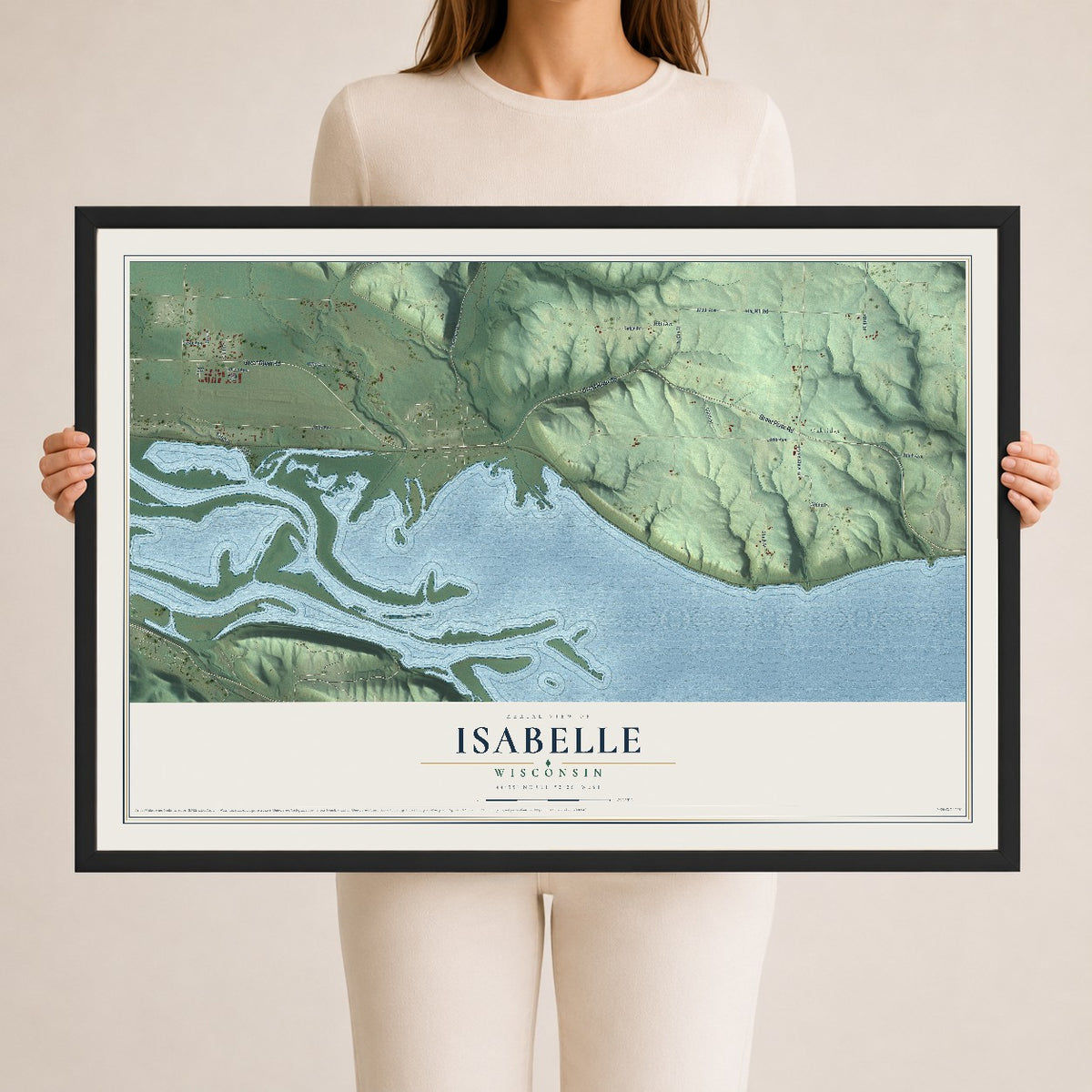 Map of Isabelle, Wisconsin, 24 x 36 inch print in a black wood frame