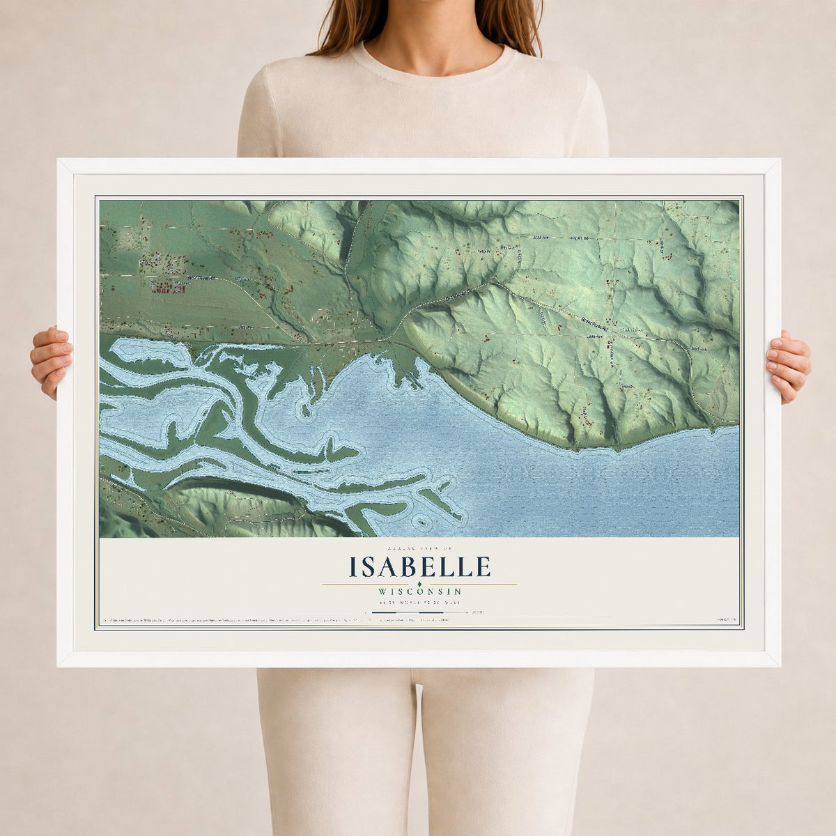 Map of Isabelle, Wisconsin, 24 x 36 inch print in a white wood frame
