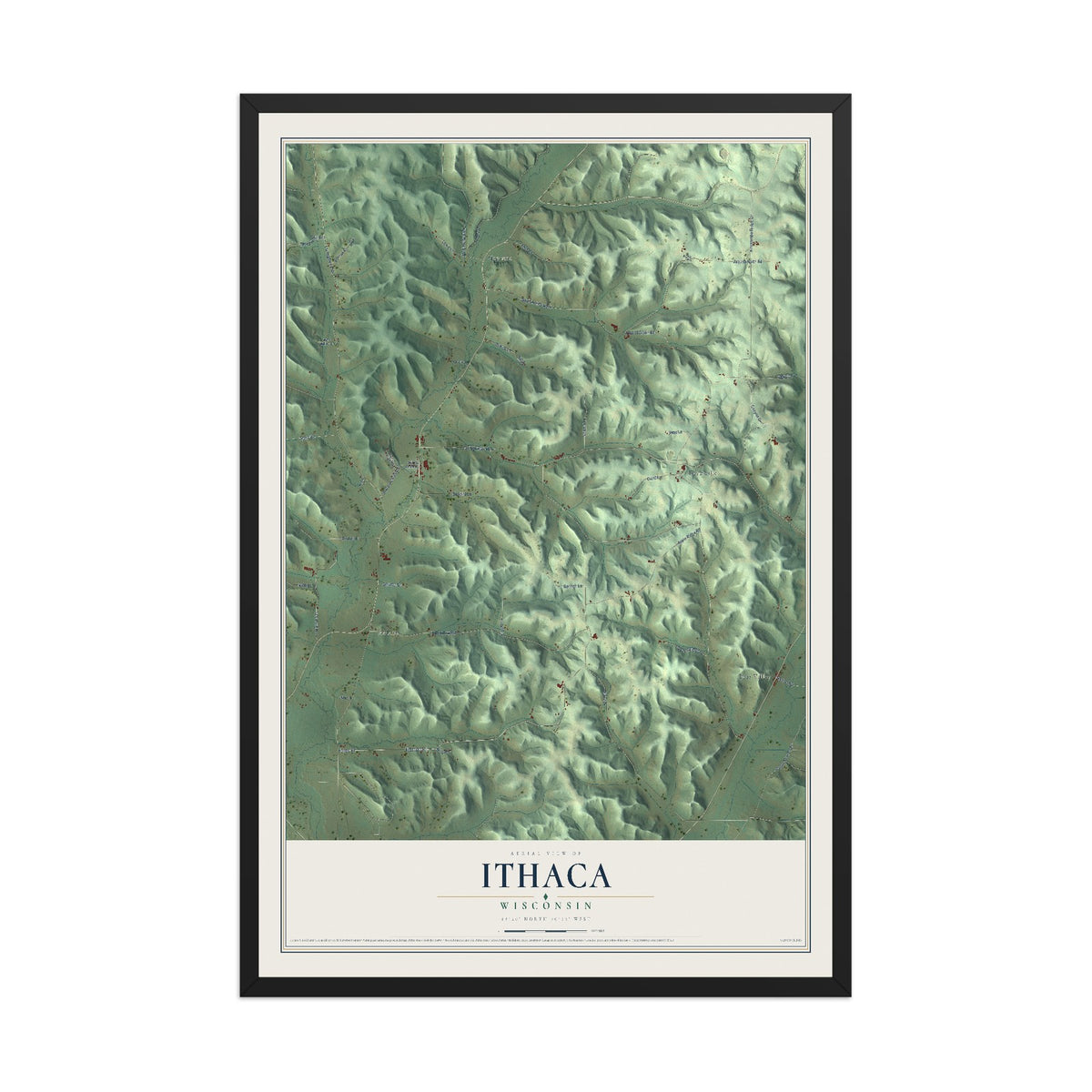 Map of Ithaca, Wisconsin, 12 x 18 inch print in a black wood frame