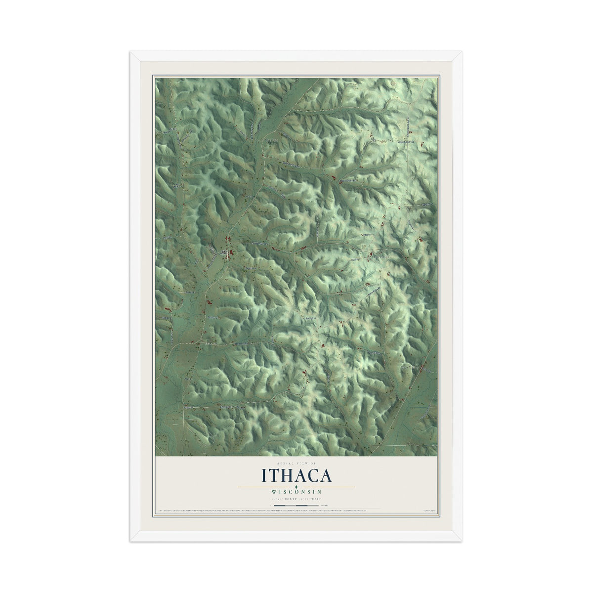 Map of Ithaca, Wisconsin, 12 x 18 inch print in a white wood frame