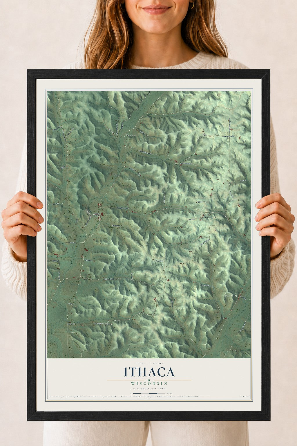 Map of Ithaca, Wisconsin, 18 x 24 inch print in a black wood frame