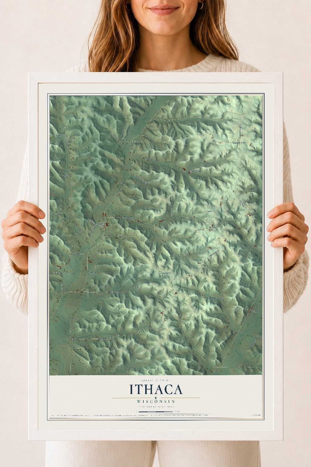 Map of Ithaca, Wisconsin, 18 x 24 inch print in a white wood frame