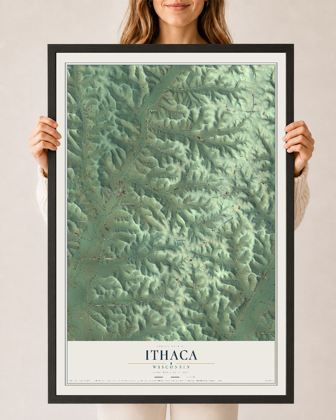 Map of Ithaca, Wisconsin, 24 x 36 inch print in a black wood frame