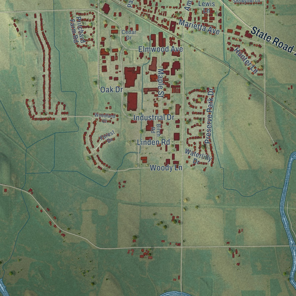 Close-up of the map of Ixonia, Wisconsin print showing street and building detail