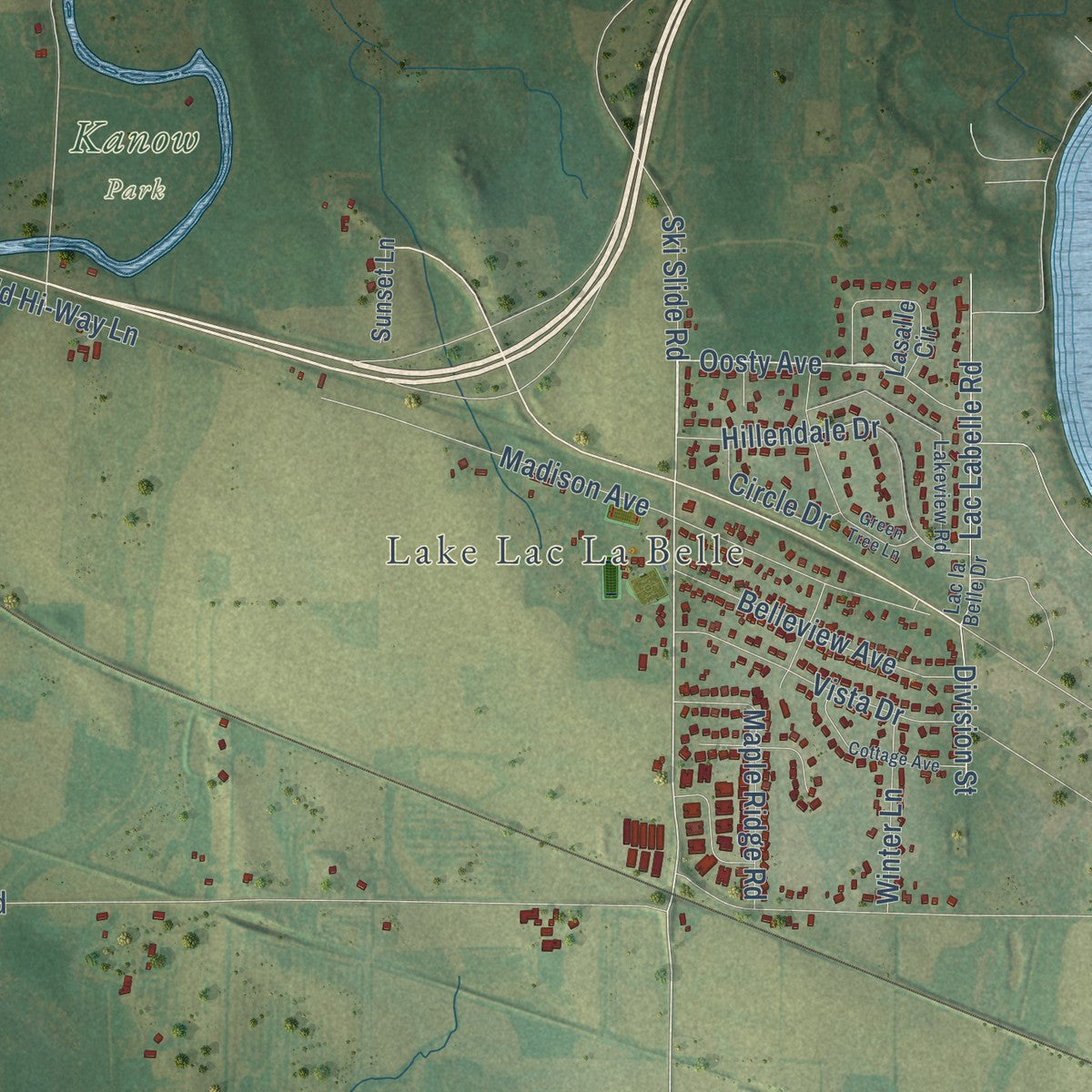 Second close-up of the map of Ixonia, Wisconsin print showing more streets and buildings