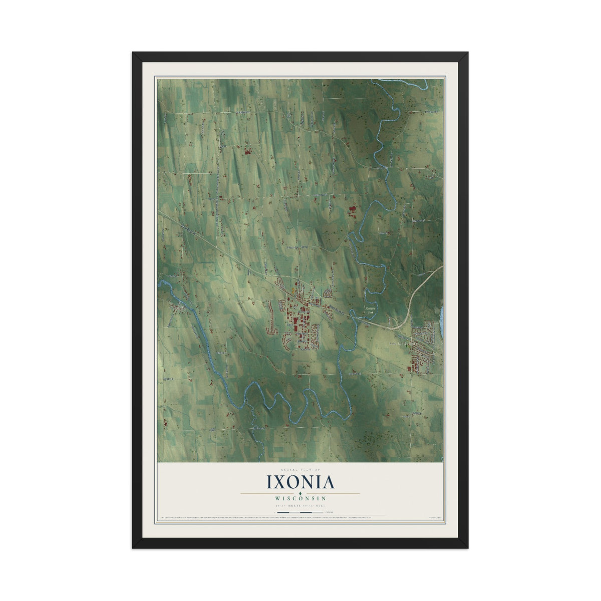 Map of Ixonia, Wisconsin, 12 x 18 inch print in a black wood frame