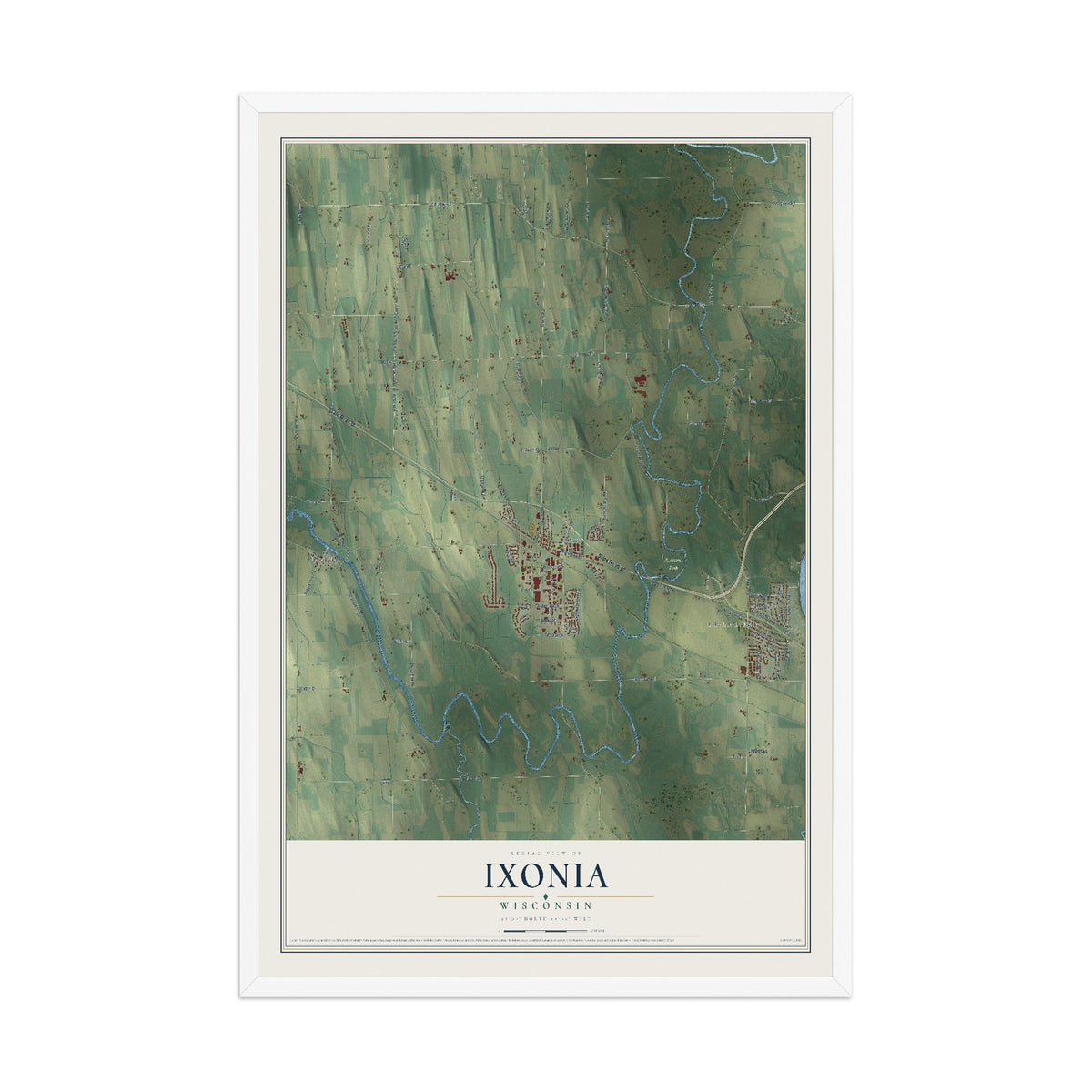 Map of Ixonia, Wisconsin, 12 x 18 inch print in a white wood frame
