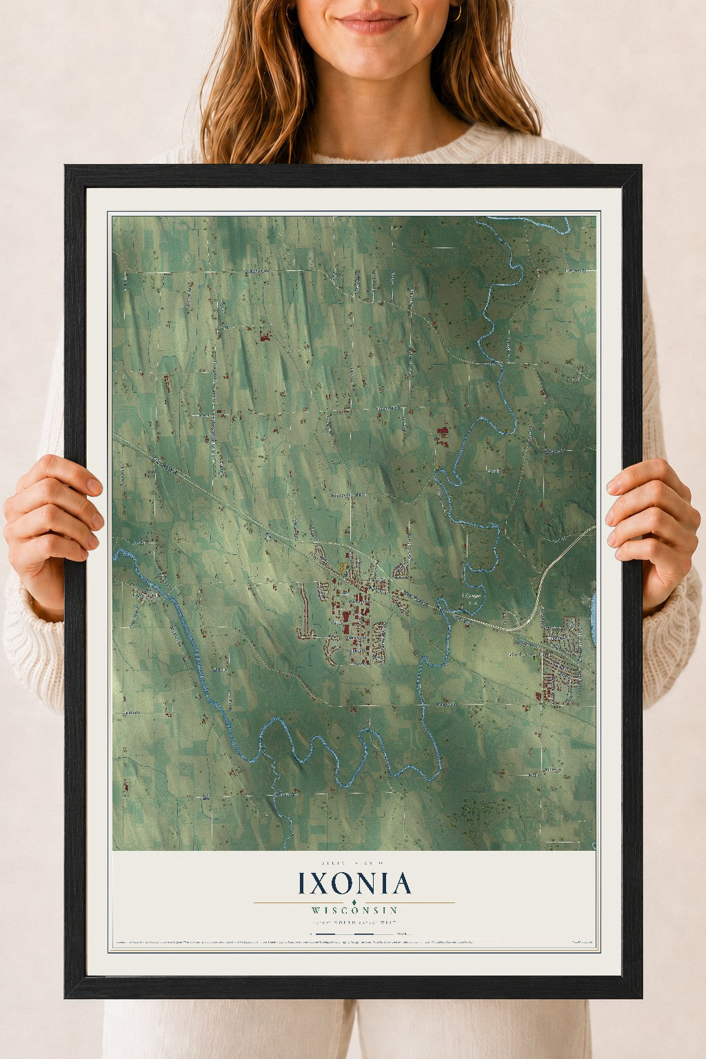 Map of Ixonia, Wisconsin, 18 x 24 inch print in a black wood frame