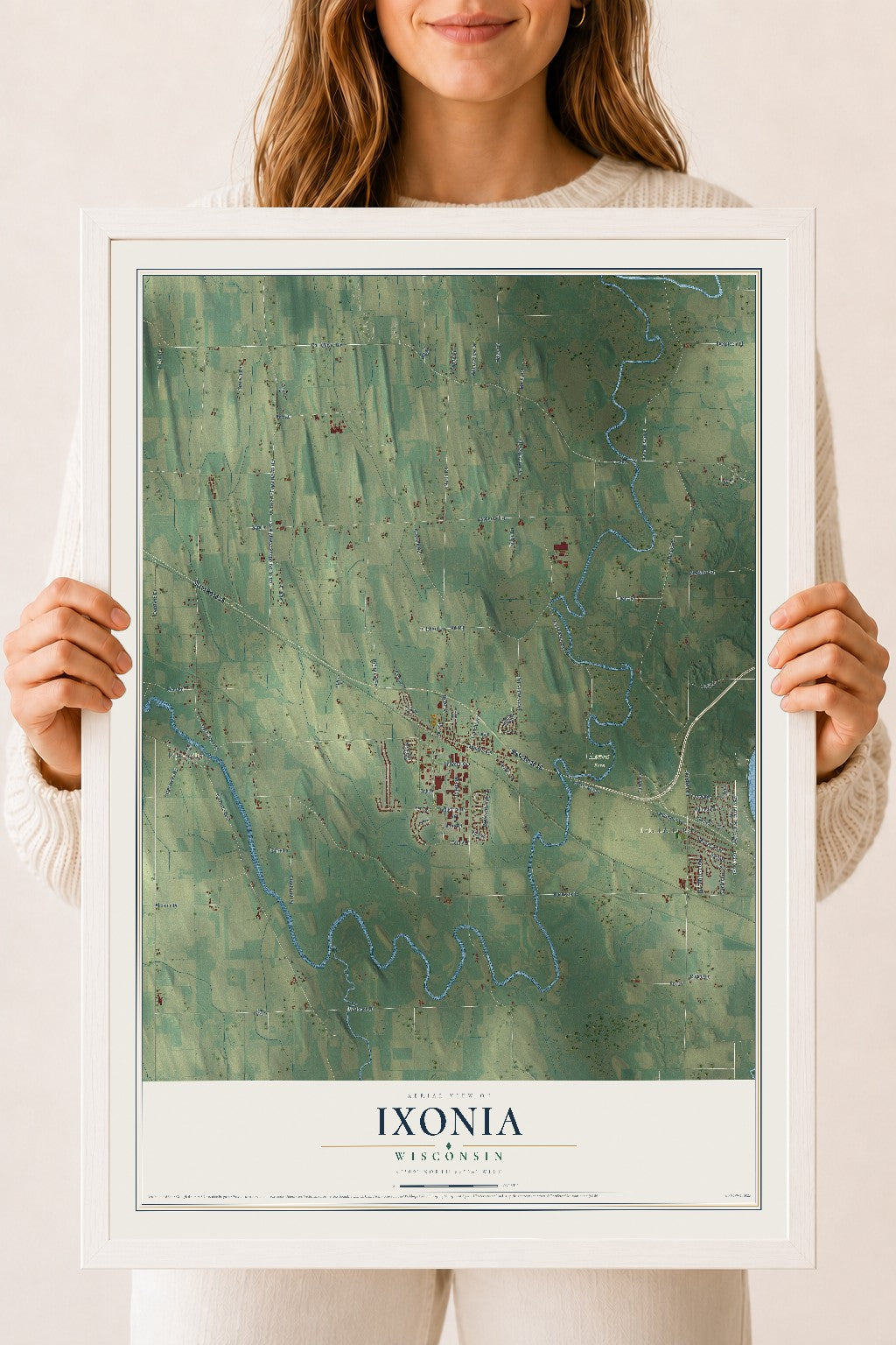 Map of Ixonia, Wisconsin, 18 x 24 inch print in a white wood frame