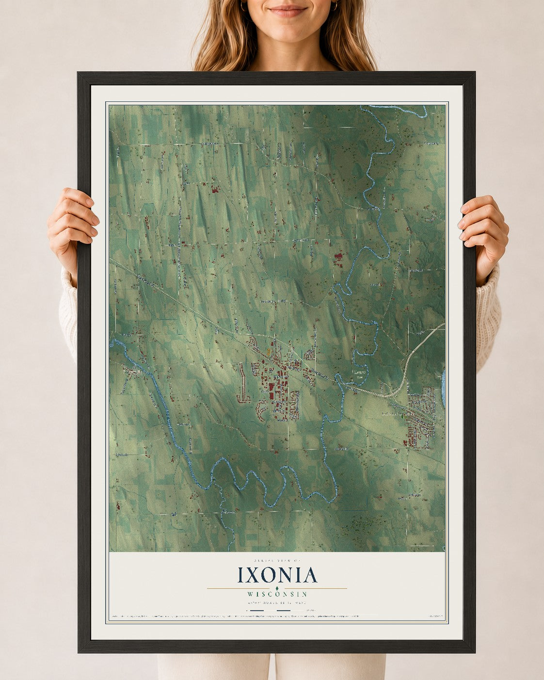 Map of Ixonia, Wisconsin, 24 x 36 inch print in a black wood frame
