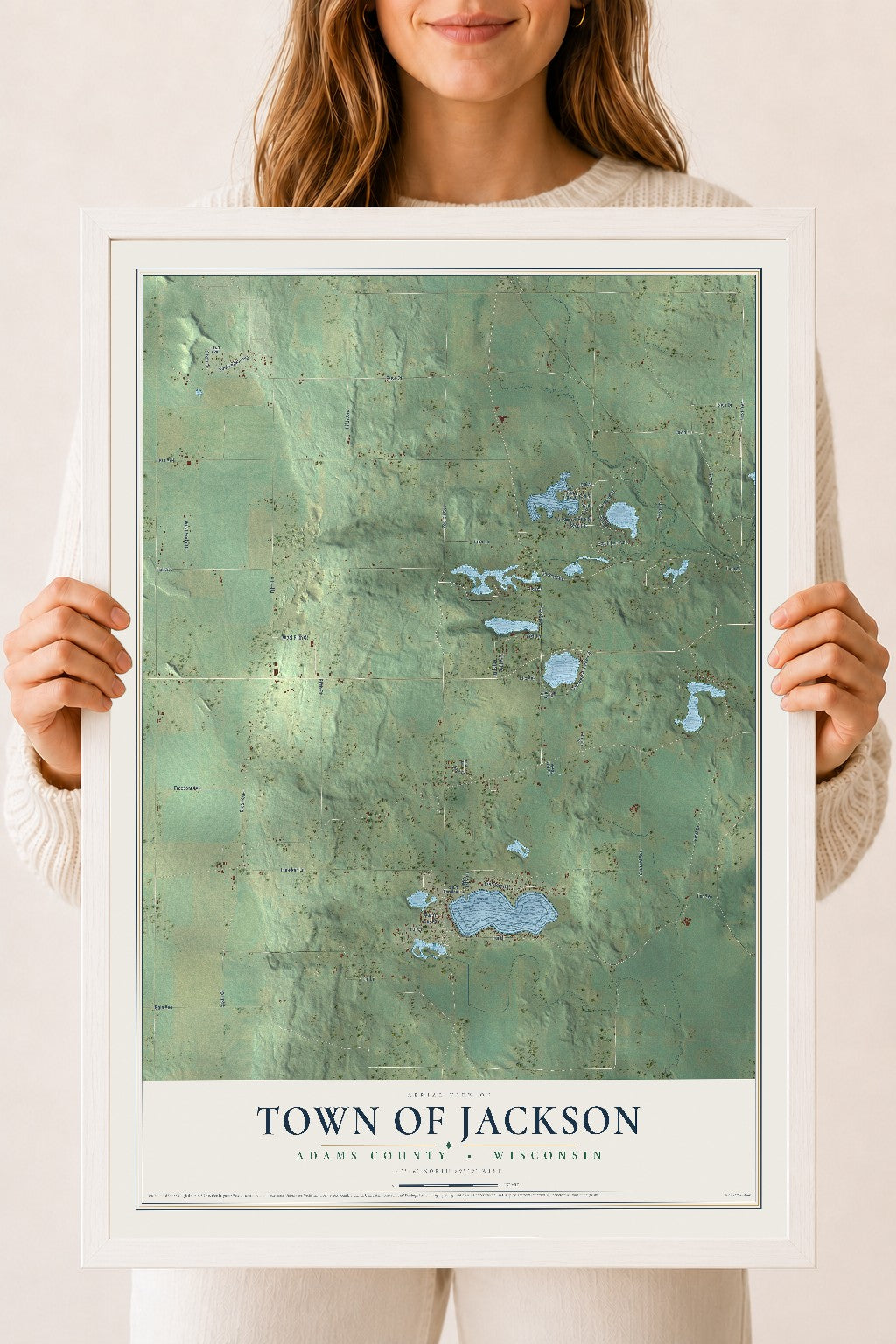 Map of the Town of Jackson, Adams County, Wisconsin, 18 x 24 inch print in a white wood frame