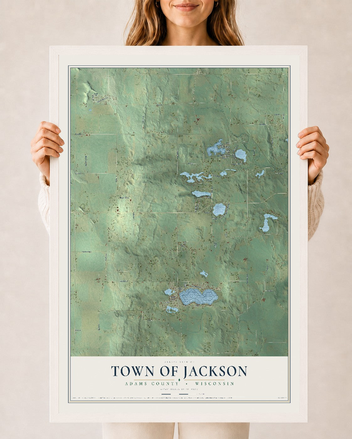 Map of the Town of Jackson, Adams County, Wisconsin, 24 x 36 inch print in a white wood frame