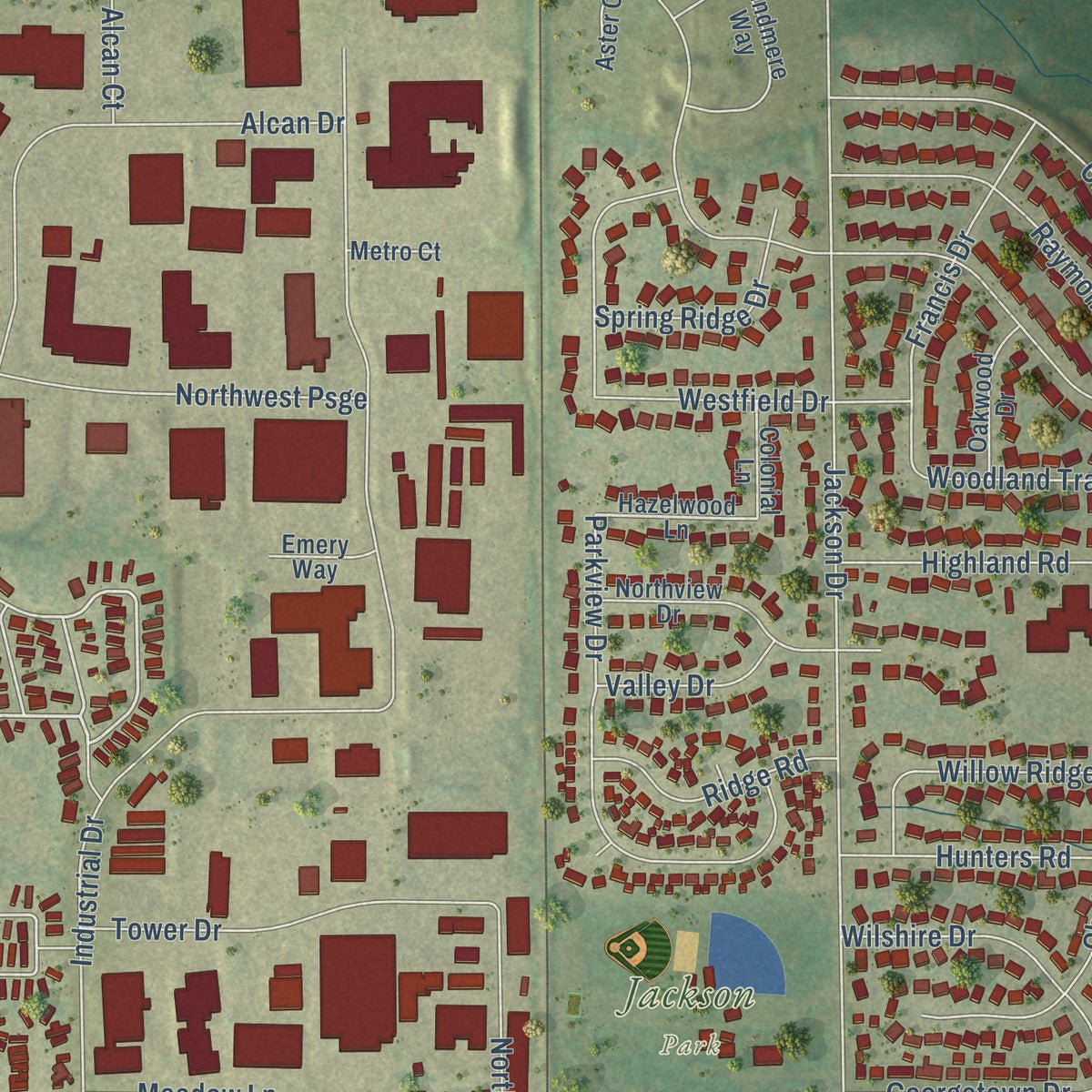 Close-up of the map of Jackson, Wisconsin print showing street and building detail