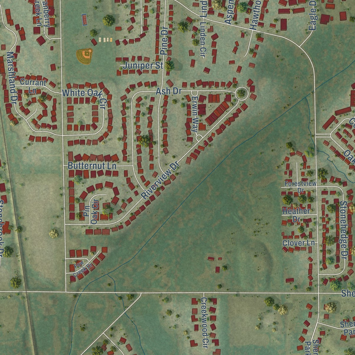 Second close-up of the map of Jackson, Wisconsin print showing more streets and buildings