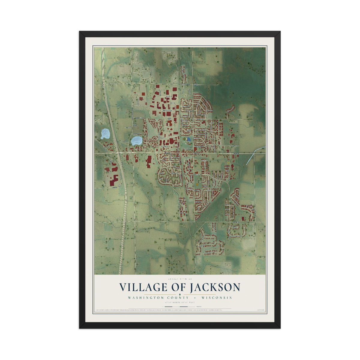 Map of Jackson, Wisconsin, 12 x 18 inch print in a black wood frame