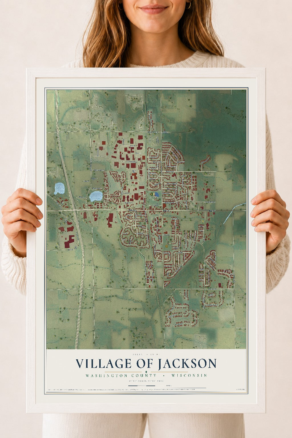 Map of Jackson, Wisconsin, 18 x 24 inch print in a white wood frame