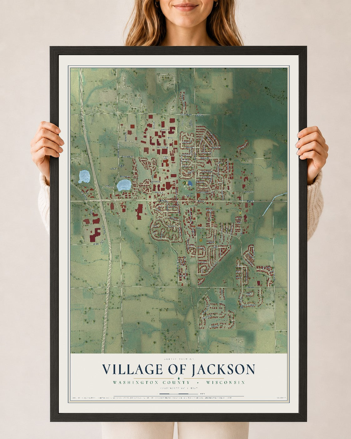 Map of Jackson, Wisconsin, 24 x 36 inch print in a black wood frame