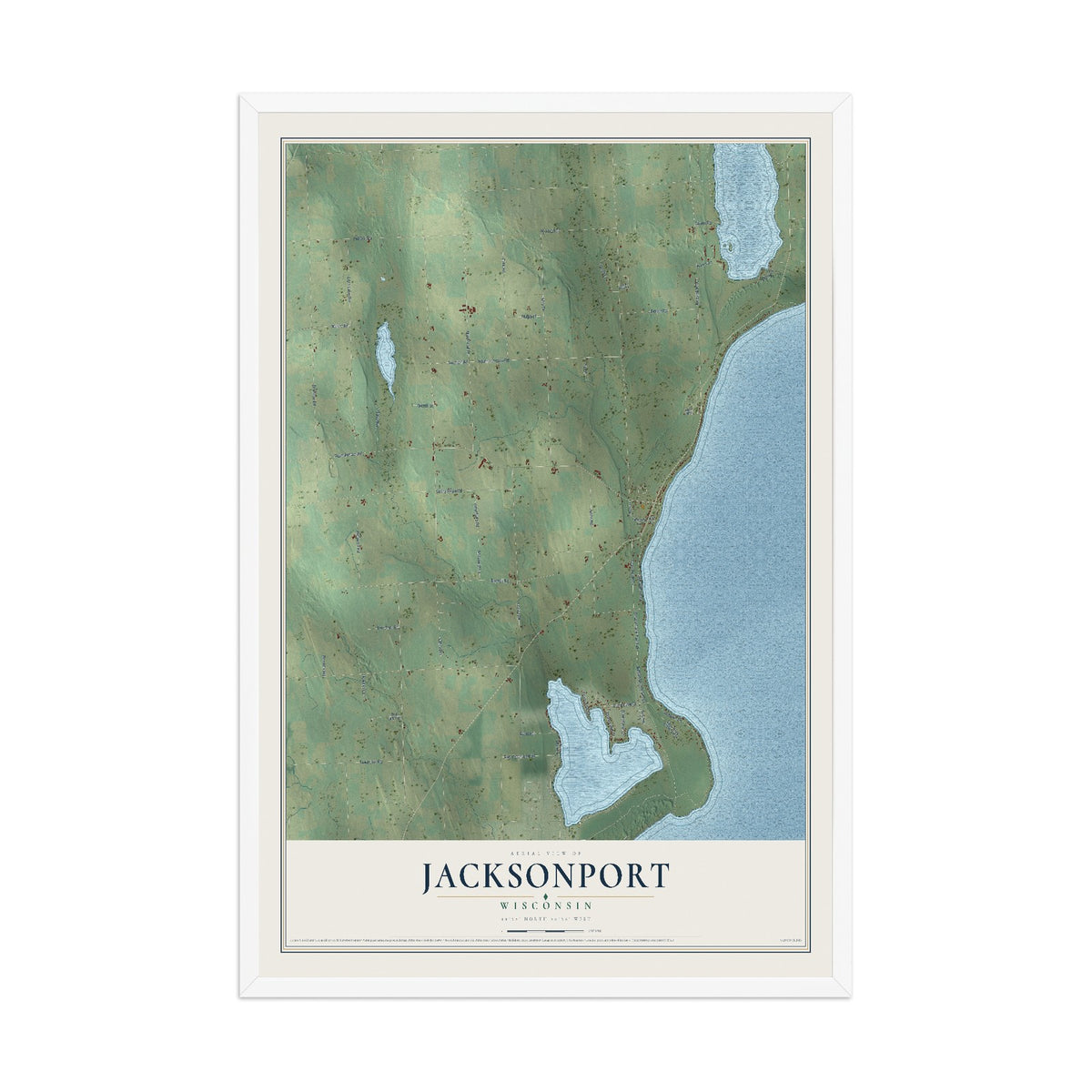 Map of Jacksonport, Wisconsin, 12 x 18 inch print in a white wood frame