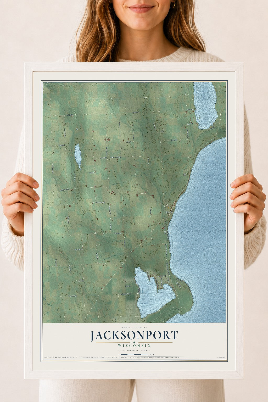 Map of Jacksonport, Wisconsin, 18 x 24 inch print in a white wood frame