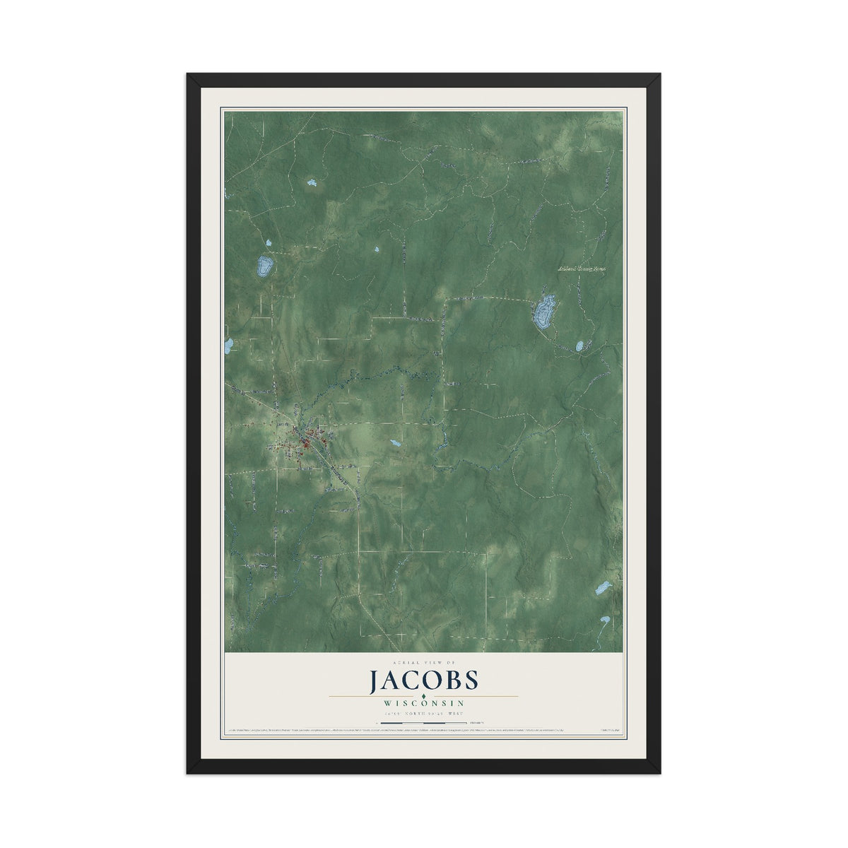 Map of Jacobs, Wisconsin, 12 x 18 inch print in a black wood frame