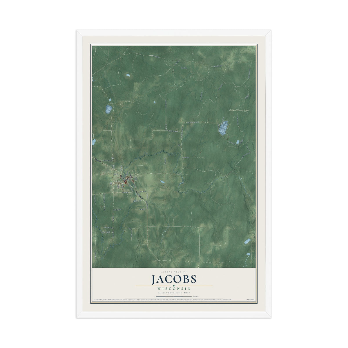 Map of Jacobs, Wisconsin, 12 x 18 inch print in a white wood frame
