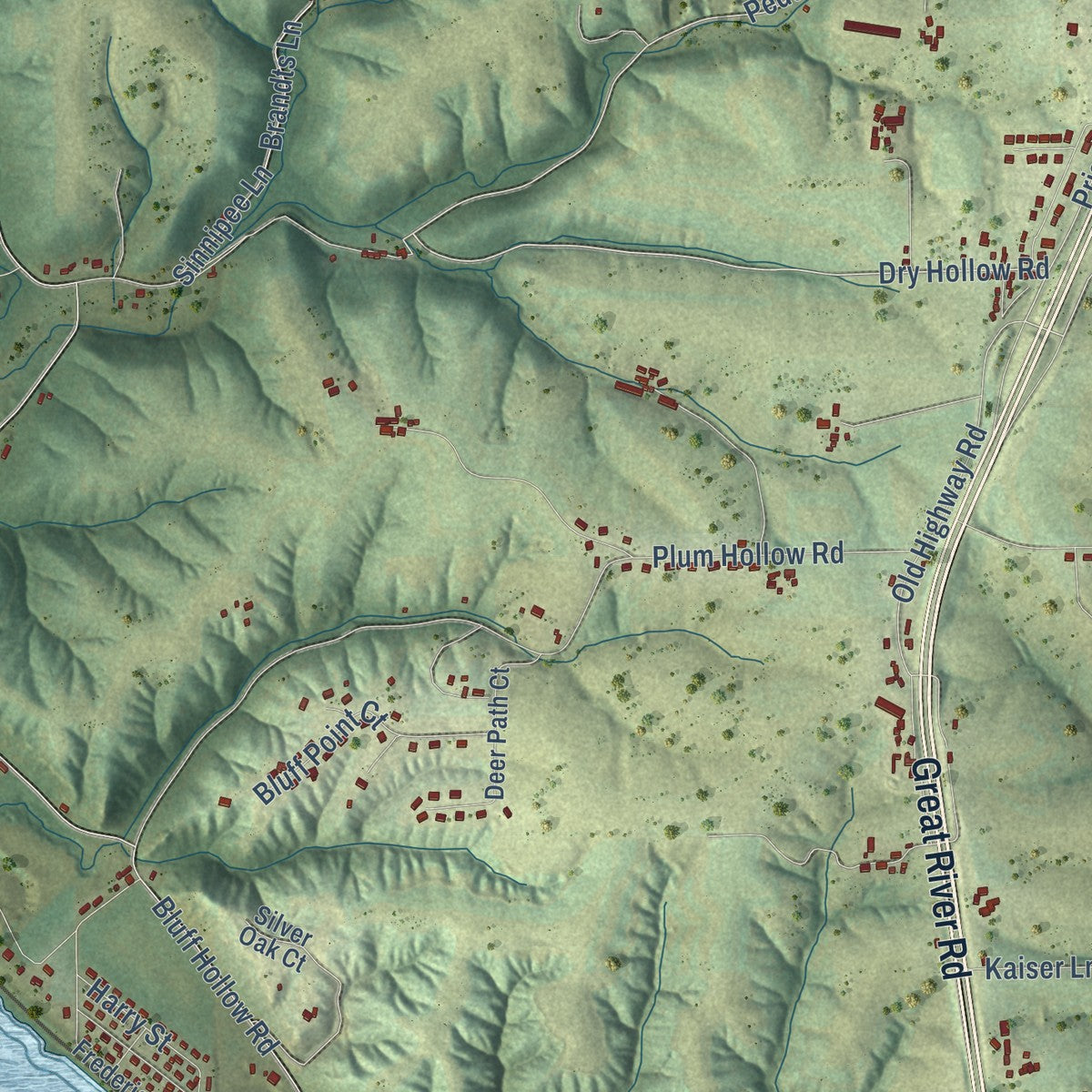 Second close-up of the map of Jamestown, Wisconsin print showing more streets and buildings