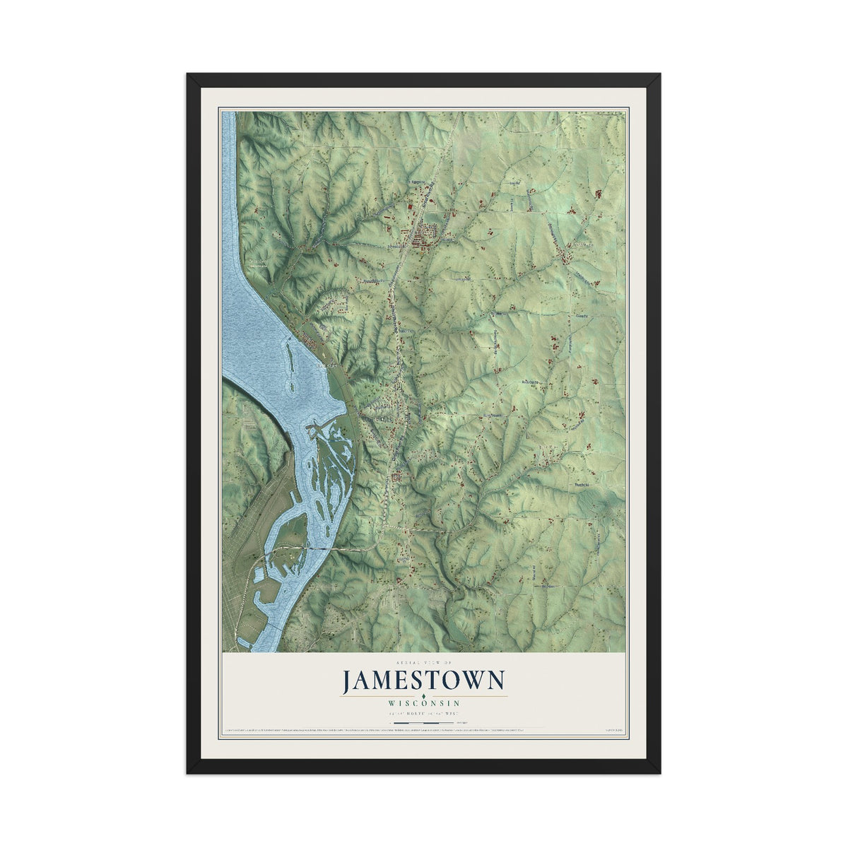 Map of Jamestown, Wisconsin, 12 x 18 inch print in a black wood frame
