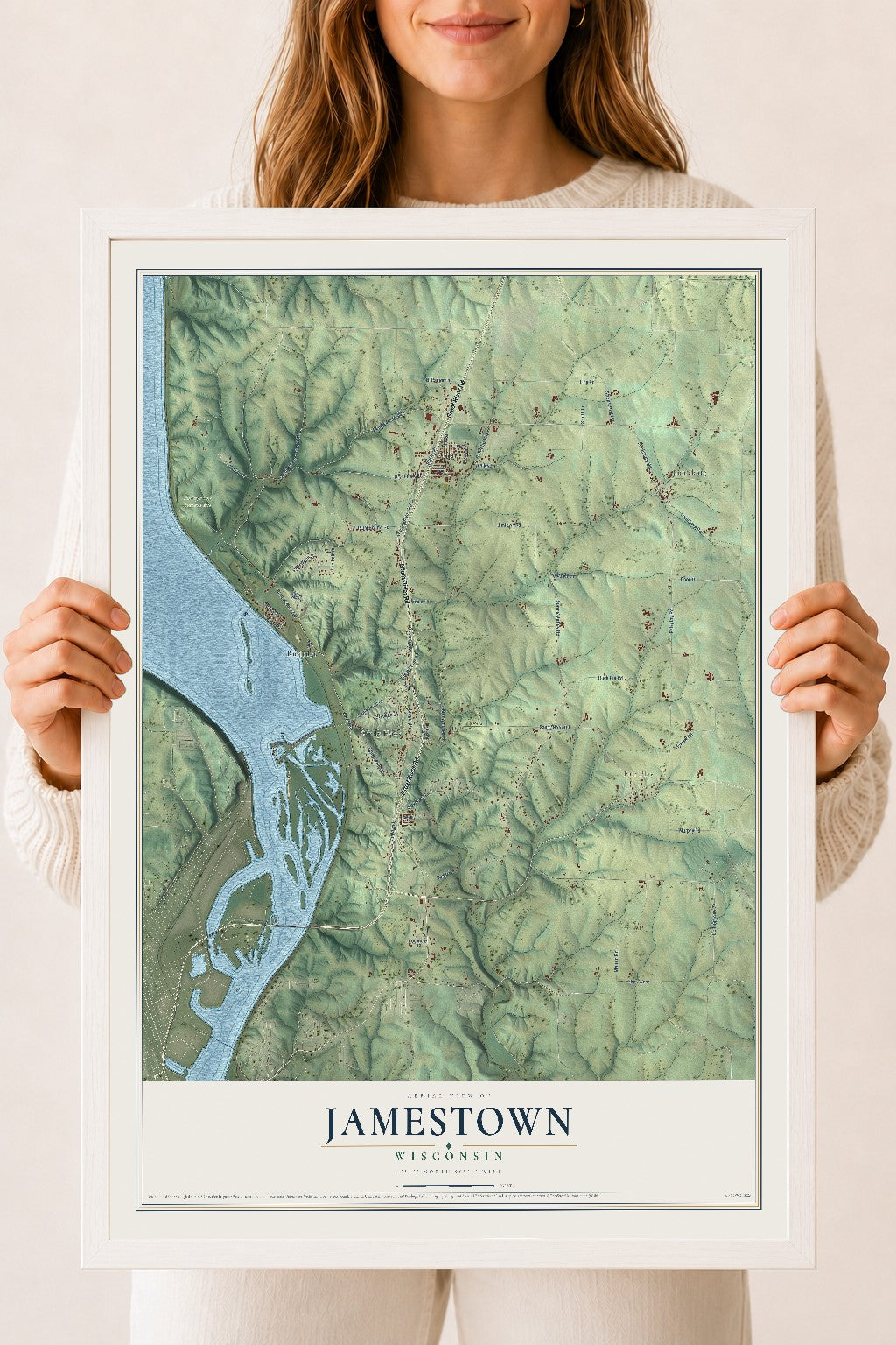Map of Jamestown, Wisconsin, 18 x 24 inch print in a white wood frame
