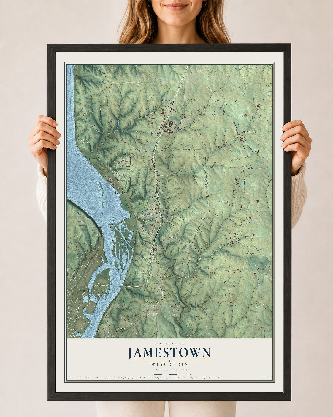 Map of Jamestown, Wisconsin, 24 x 36 inch print in a black wood frame