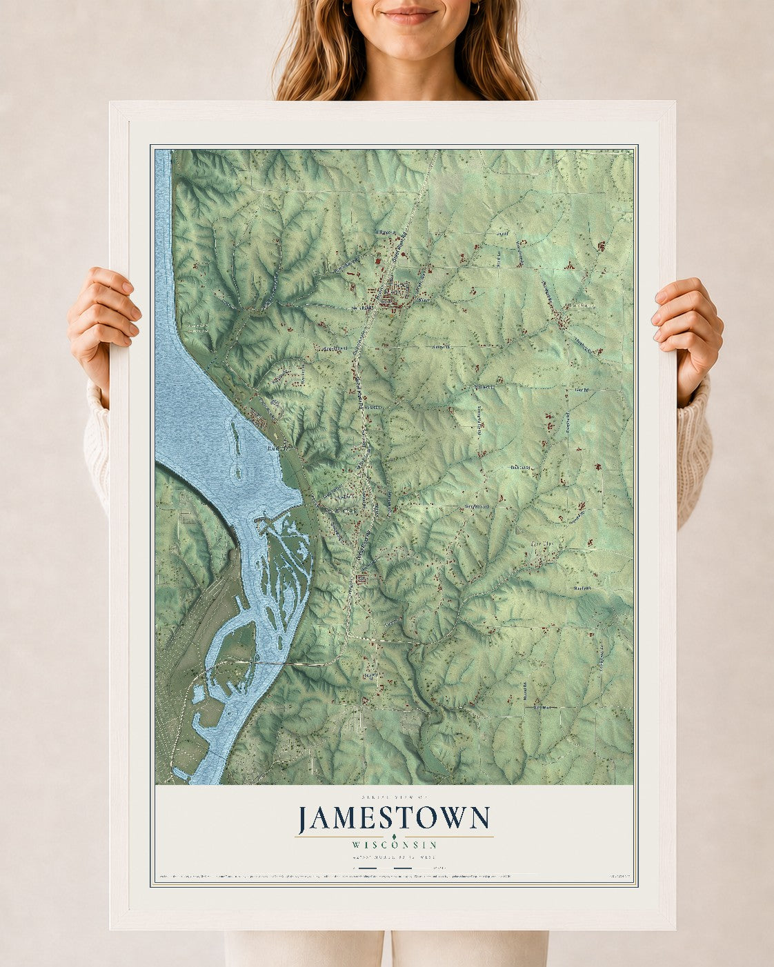 Map of Jamestown, Wisconsin, 24 x 36 inch print in a white wood frame