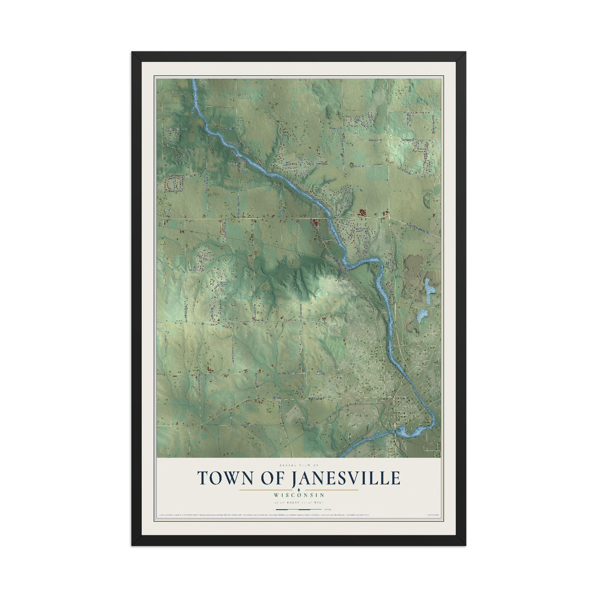 Map of the Town of Janesville, Wisconsin, 12 x 18 inch print in a black wood frame