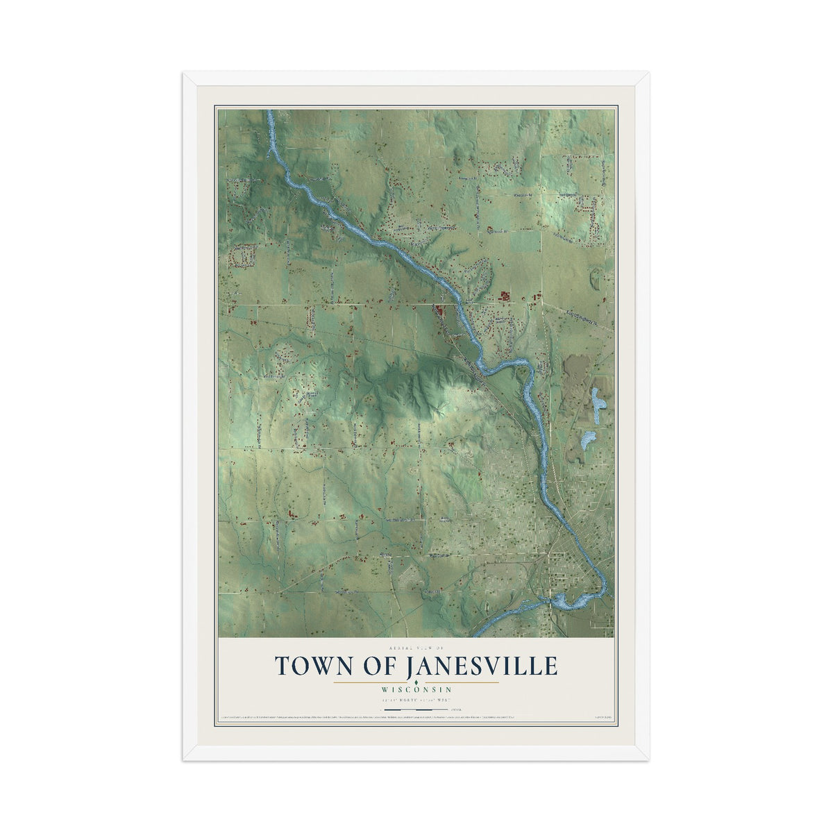 Map of the Town of Janesville, Wisconsin, 12 x 18 inch print in a white wood frame