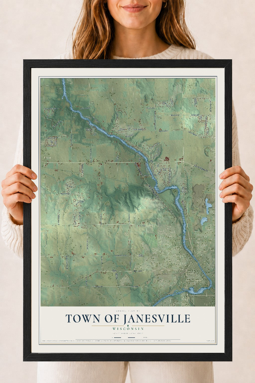 Map of the Town of Janesville, Wisconsin, 18 x 24 inch print in a black wood frame