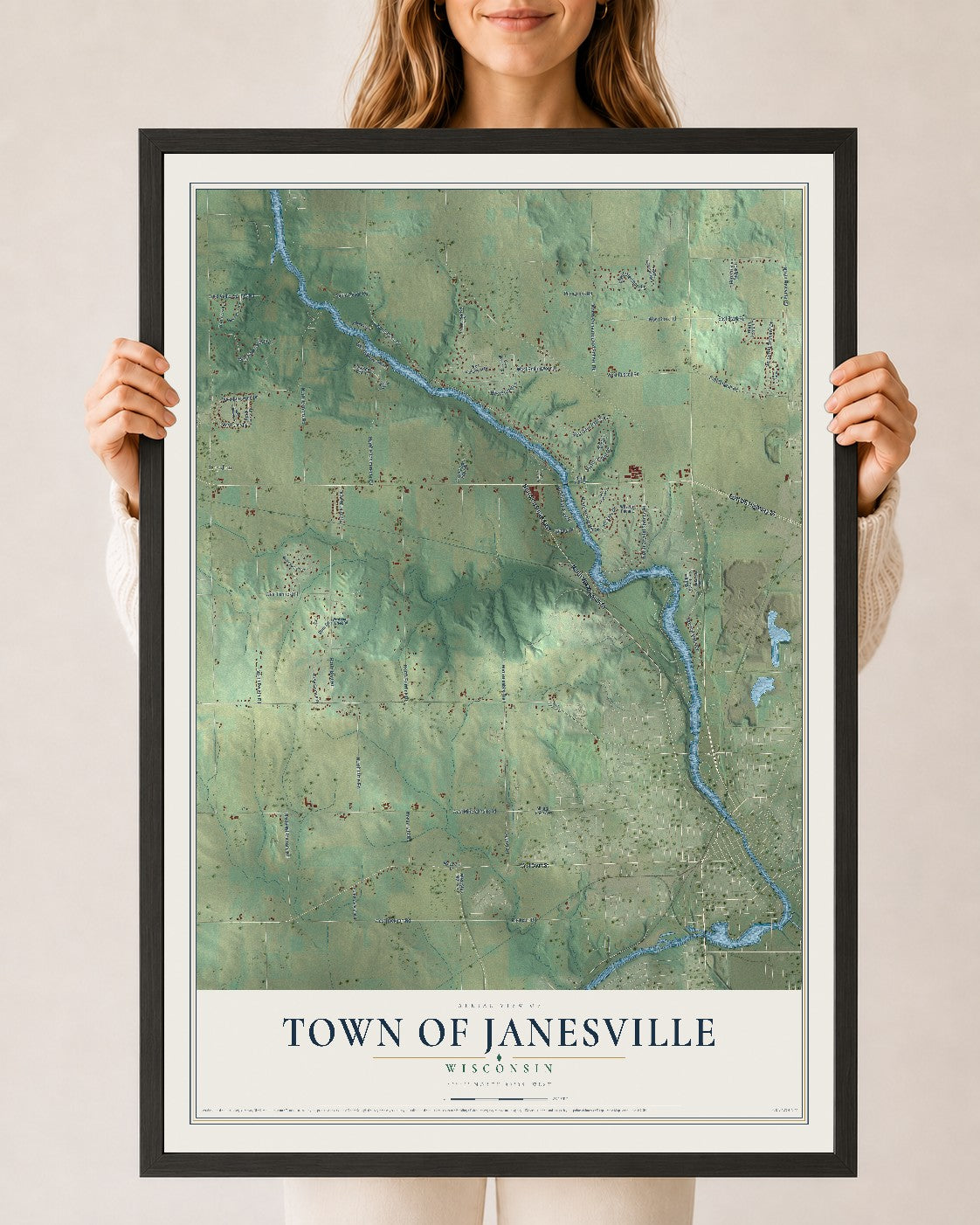 Map of the Town of Janesville, Wisconsin, 24 x 36 inch print in a black wood frame