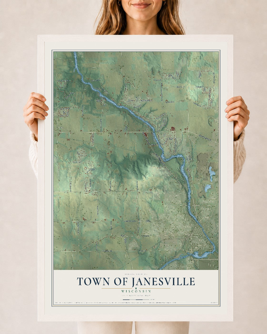 Map of the Town of Janesville, Wisconsin, 24 x 36 inch print in a white wood frame