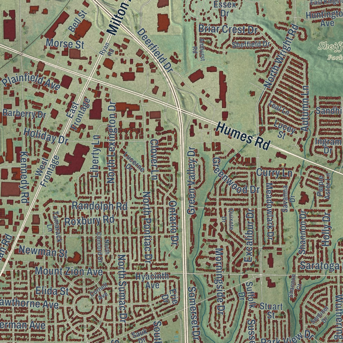 Close-up of the map of Janesville, Wisconsin print showing street and building detail